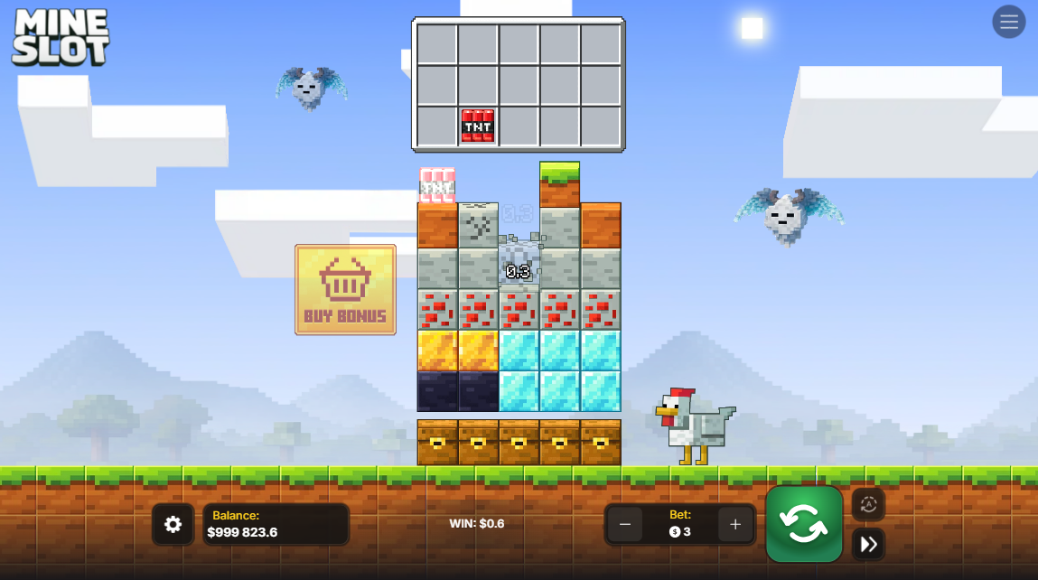 Mine Slot board with pixel-art mining blocks and controls
