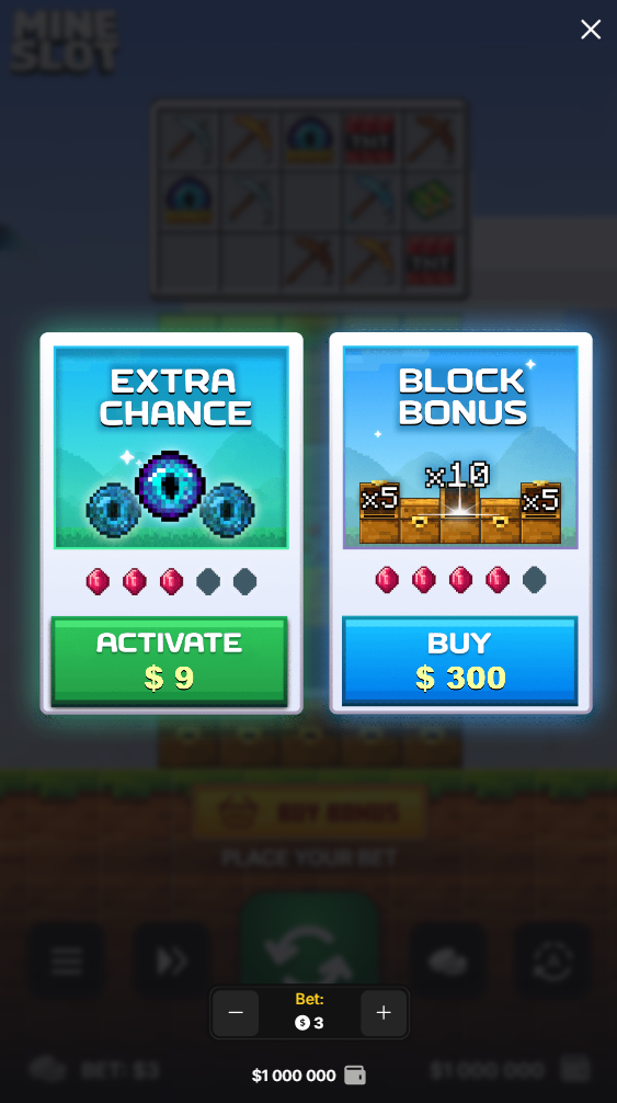 Mine Slot mobile portrait bonus screen with Extra Chance and Block Bonus options