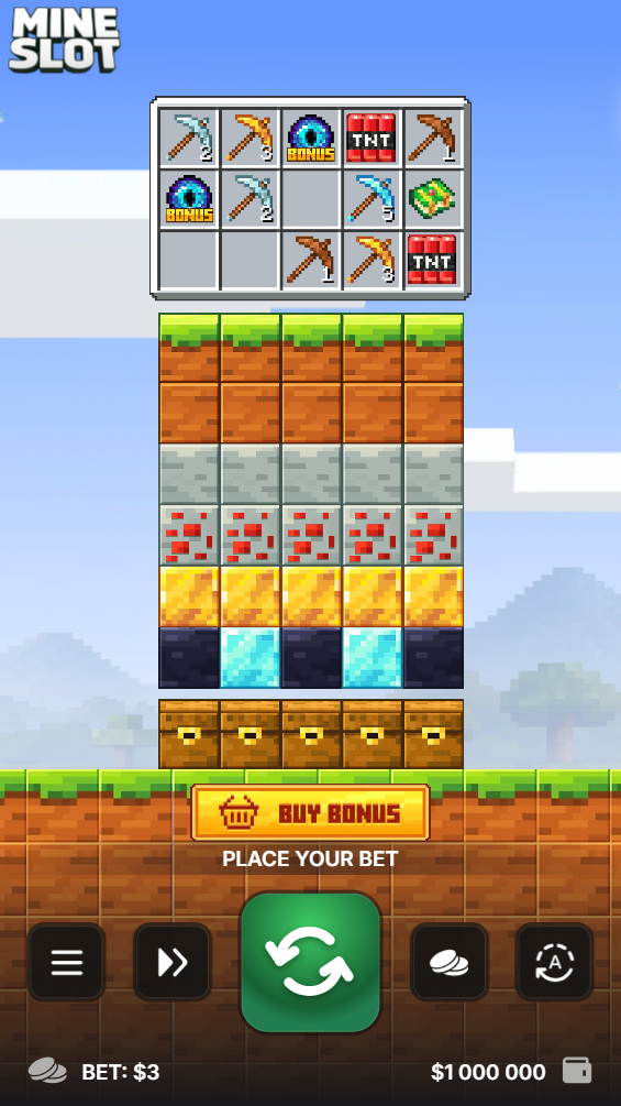 Mine Slot mobile portrait interface with block field and spin controls