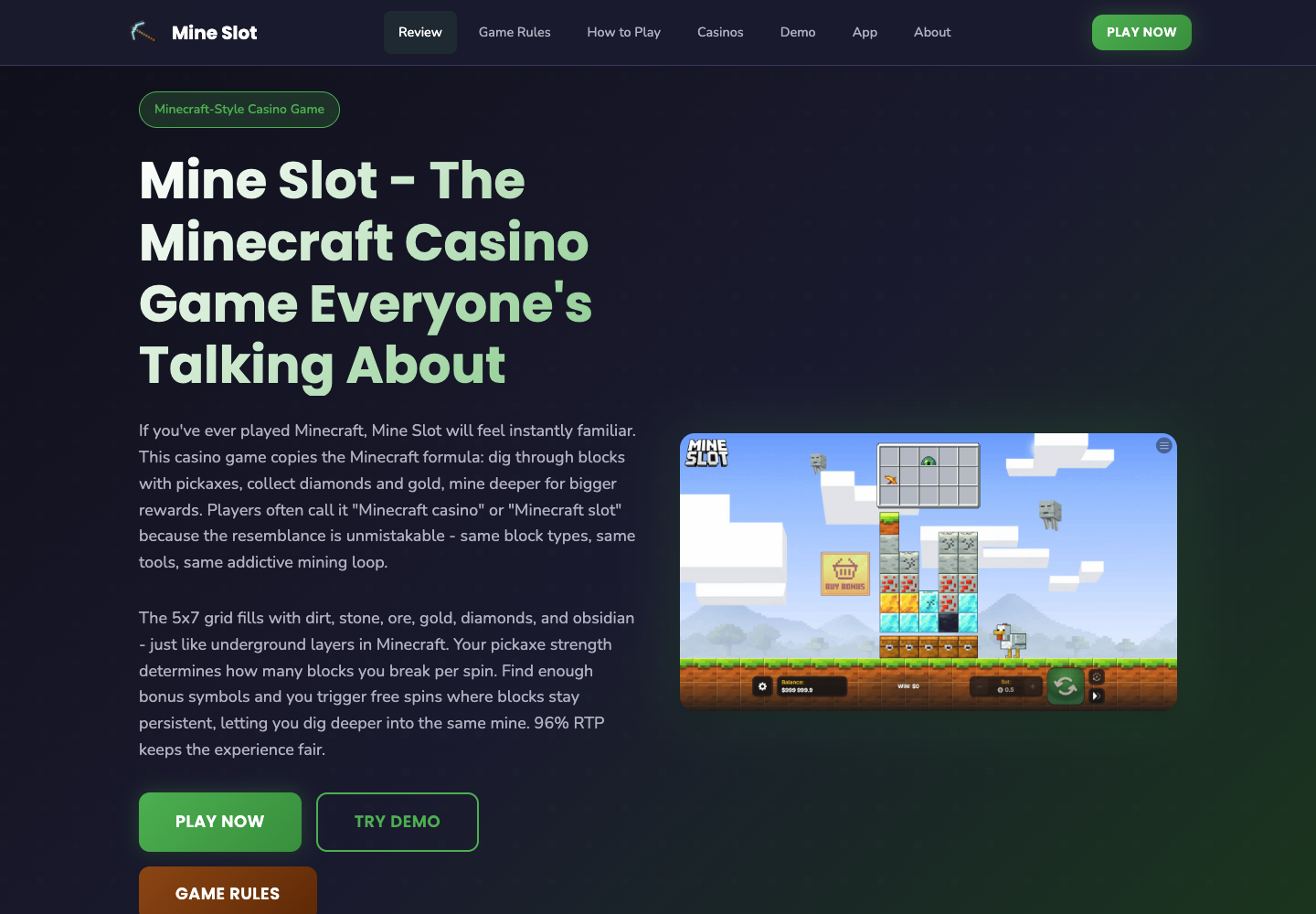 Mineslots.net landing page showing the Mine Slot headline and desktop game preview