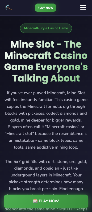 Mineslots.net mobile page with Mine Slot headline and play button